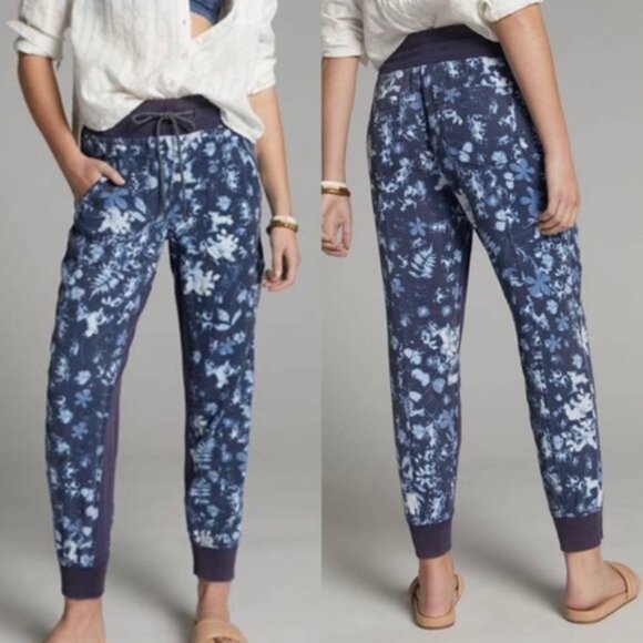Anthropologie | The Nomad Joggers Navy Blue Tie Dye Bleach Floral Print New XS - Picture 1 of 16